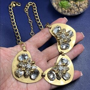 J.CREW gold tone/clear crystal on heart-shaped plates statement necklace
